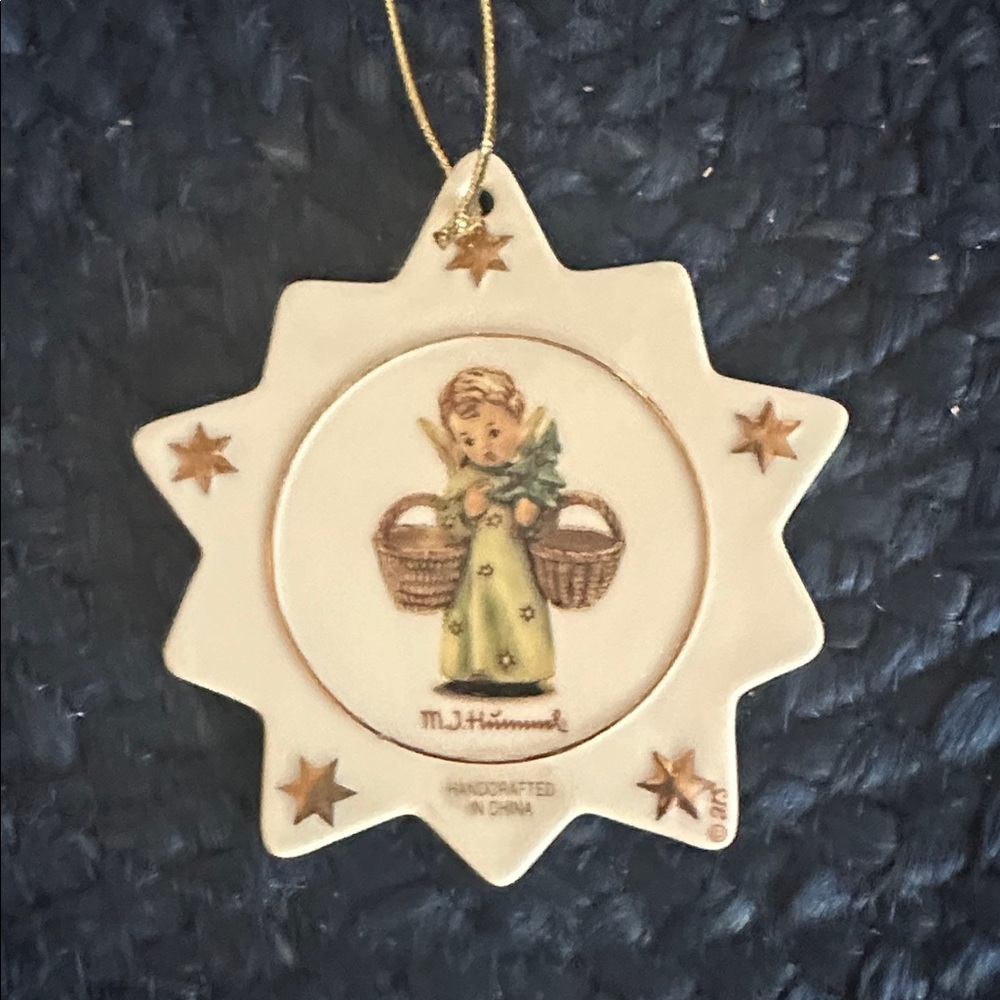 M.J. Hummel Porcelain Star Ornament With Angel With Baskets  & Gold Stars